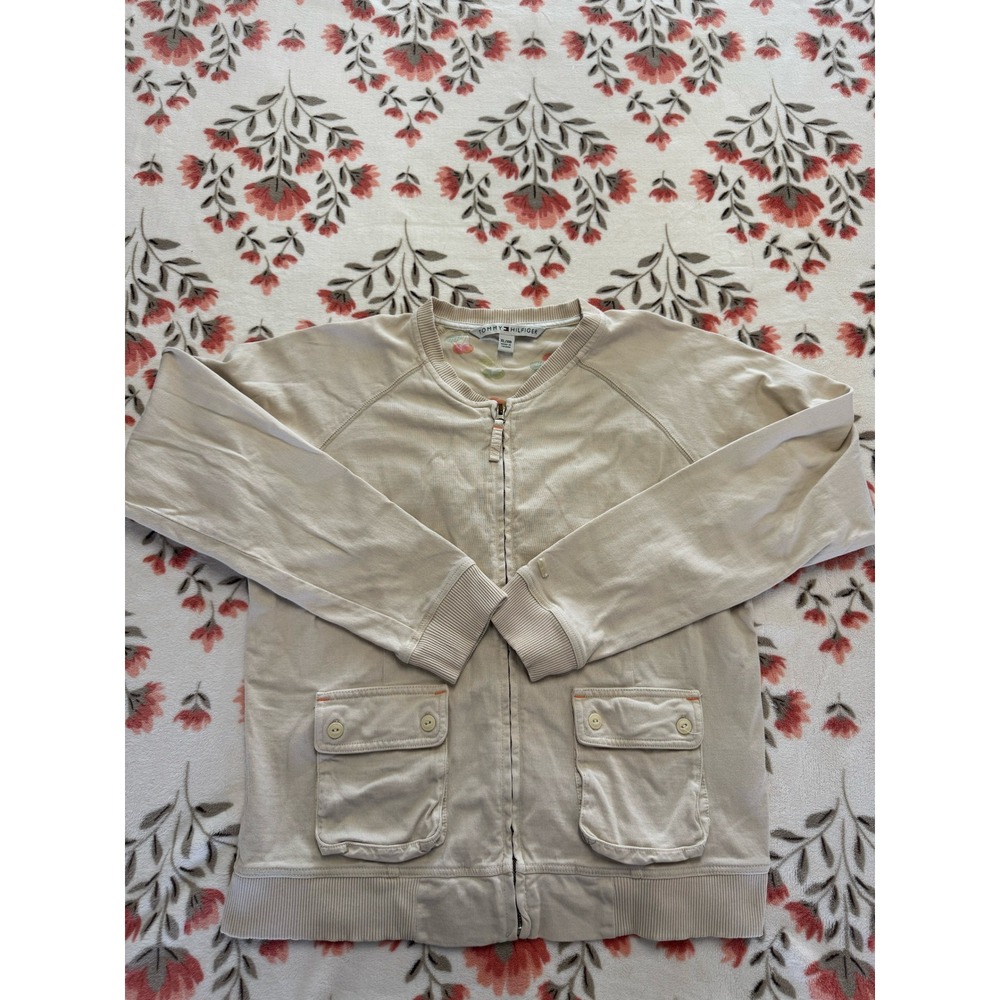 Tommy Hilfiger Womens XL Beige Full Zip Sweatshirt Cotton Cargo Pocket Jacket